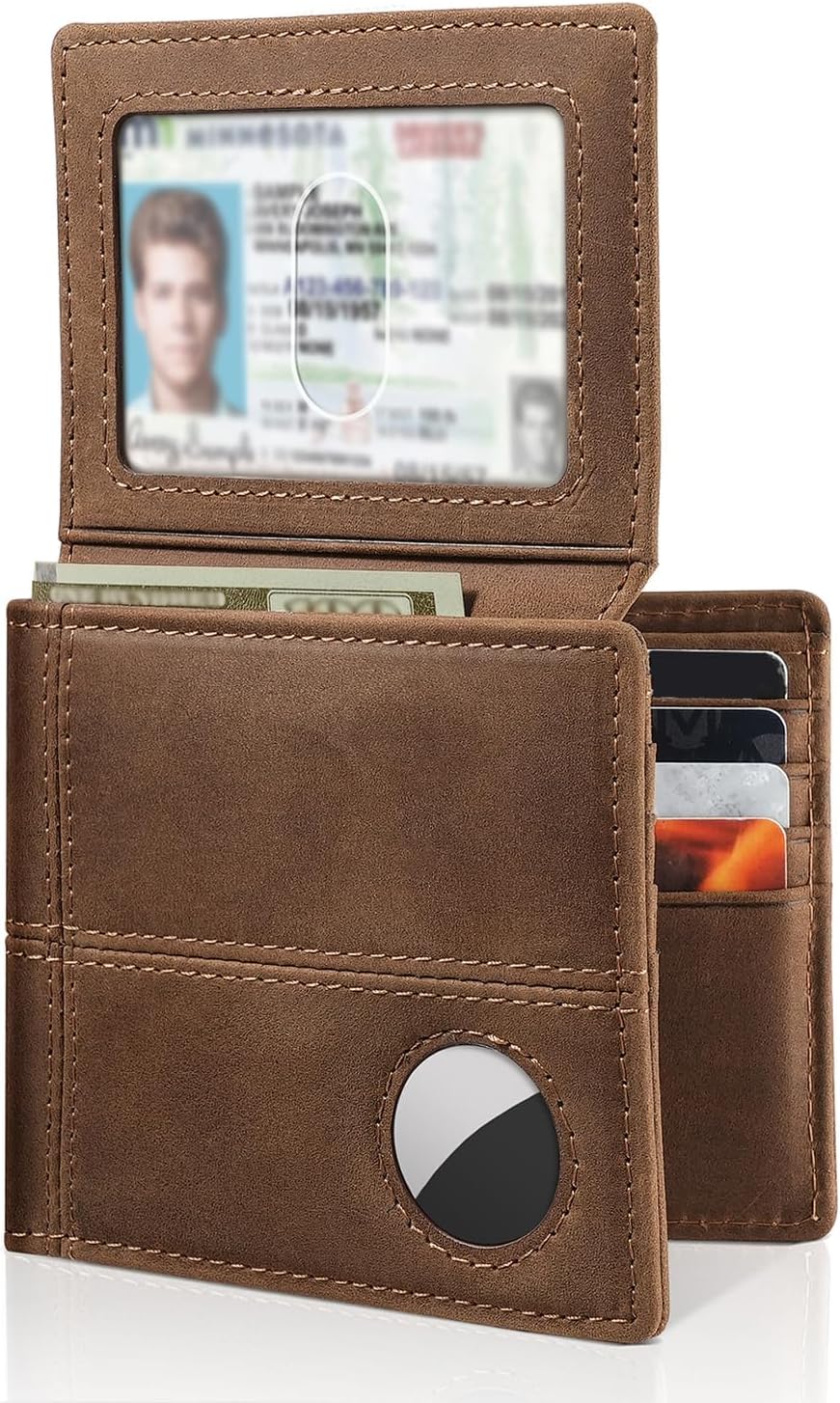 Mens Wallet With AirTag Holder, Bifold Leather RFID Blocking 1-2 ID Windows 12-13 Card Holders, Gift Box and Screen Protector Included, AirTag Not Included