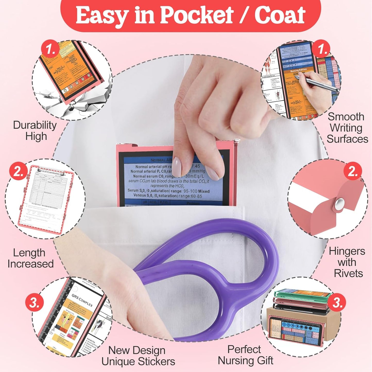 Nursing Clipboard Foldable-4 Layers Aluminum Nurse Foldable Clipboard Nursing Medical Edition Cheat Sheets, Pocket Size Pen Clip for Nurses Students School and Doctors-Pink