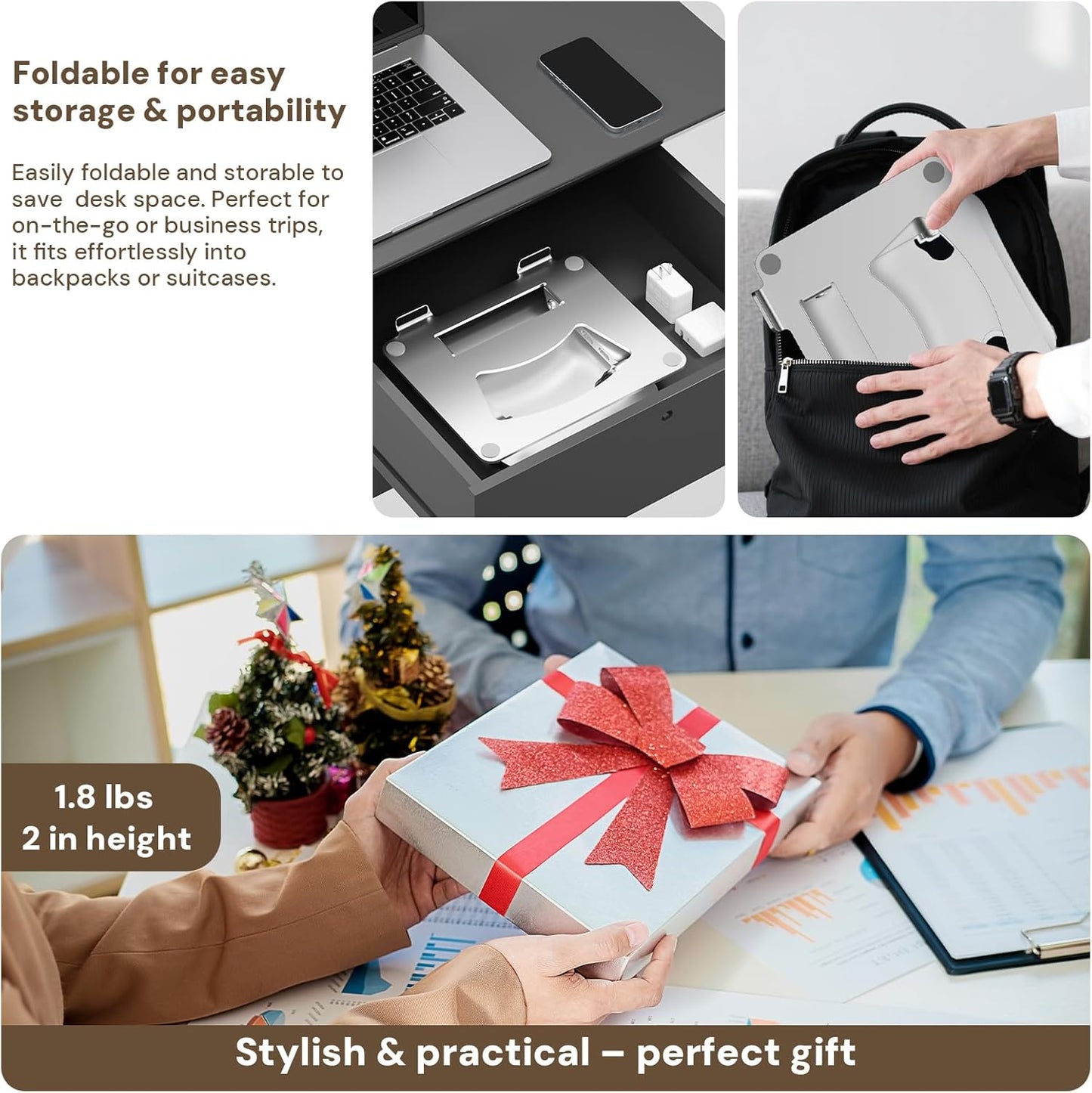 Laptop Stand for Desk, Aluminum Metal MacBook Stand，Computer Riser for Desk, Portable Foldable Adjustable Notebook Holder, Compatible with 10-15.6 Inch Laptops, iPad, Silver.