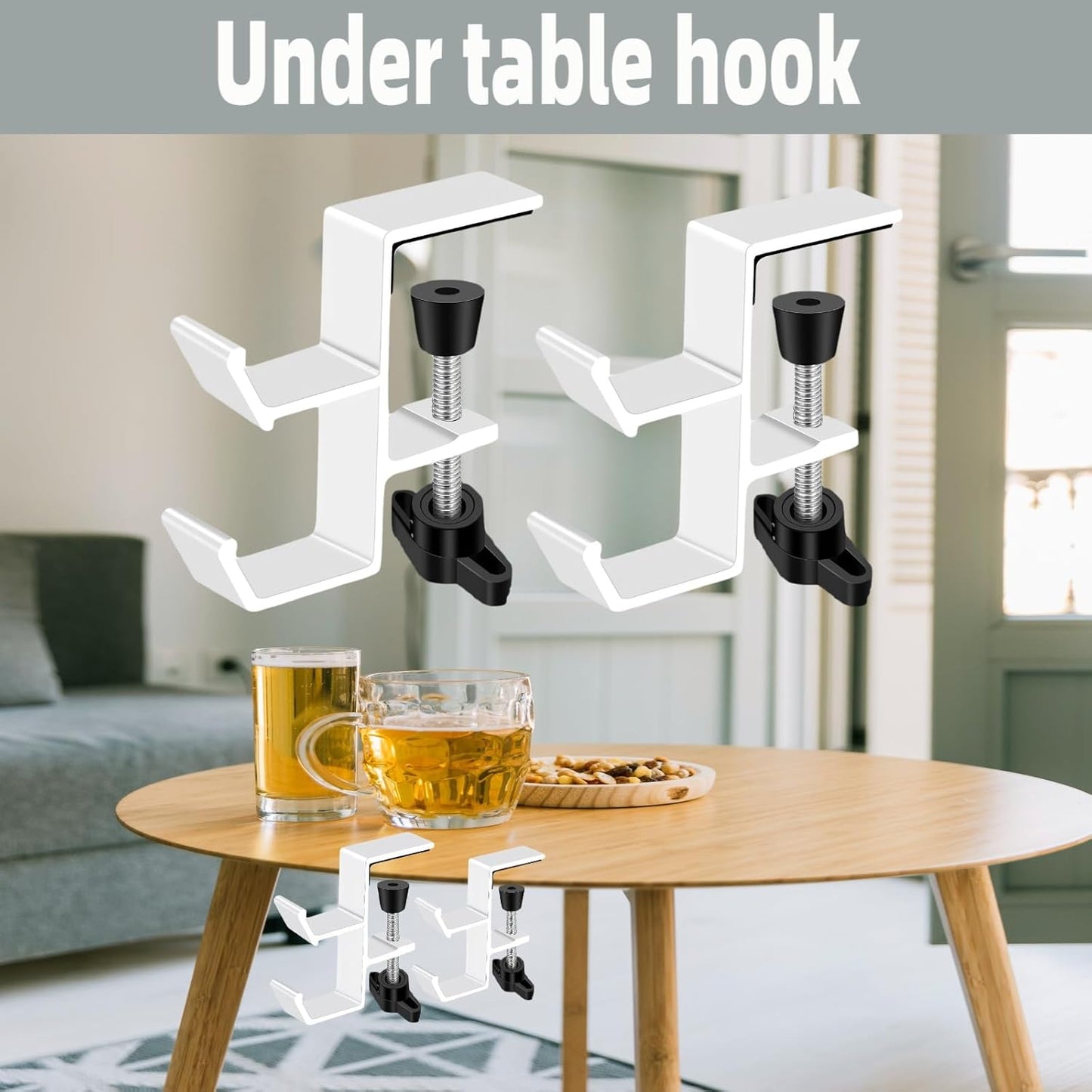Desktop Hook Under-Table Handbag Hanger Wallet Hook Simple for Holiday Decoration Desktop Backpack Rack Headphone Hanger 2-Piece Pack Double Hook (Black)