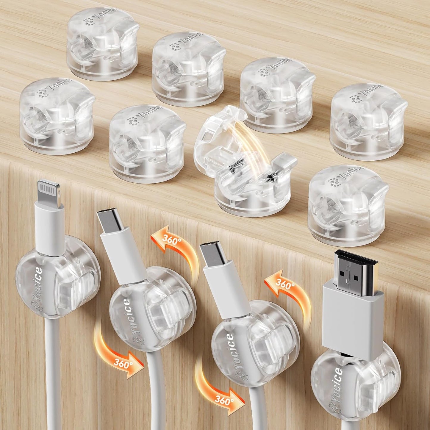6 Pack Locking Spring Cable Clips, Rotatable Cord Organizer with Secure Lock Design, Adhesive Cord Holder for Desk Home Office Car Wall Charger Cable Management, Clear