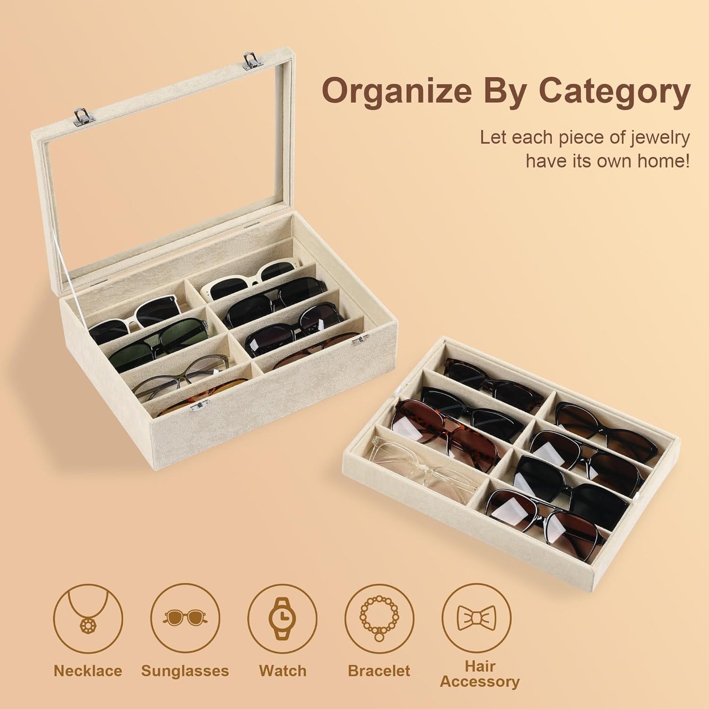 Frebeauty 16 Slots Sunglasses Organizer,2 Layer Velvet Sunglasses Tray with Glass Lid,Multiple Pairs Sunglass Display Case for Man or Woman,13.7 * 10.25 * 4.1 Inches Eyeglass/Eyewear Box (Beige)