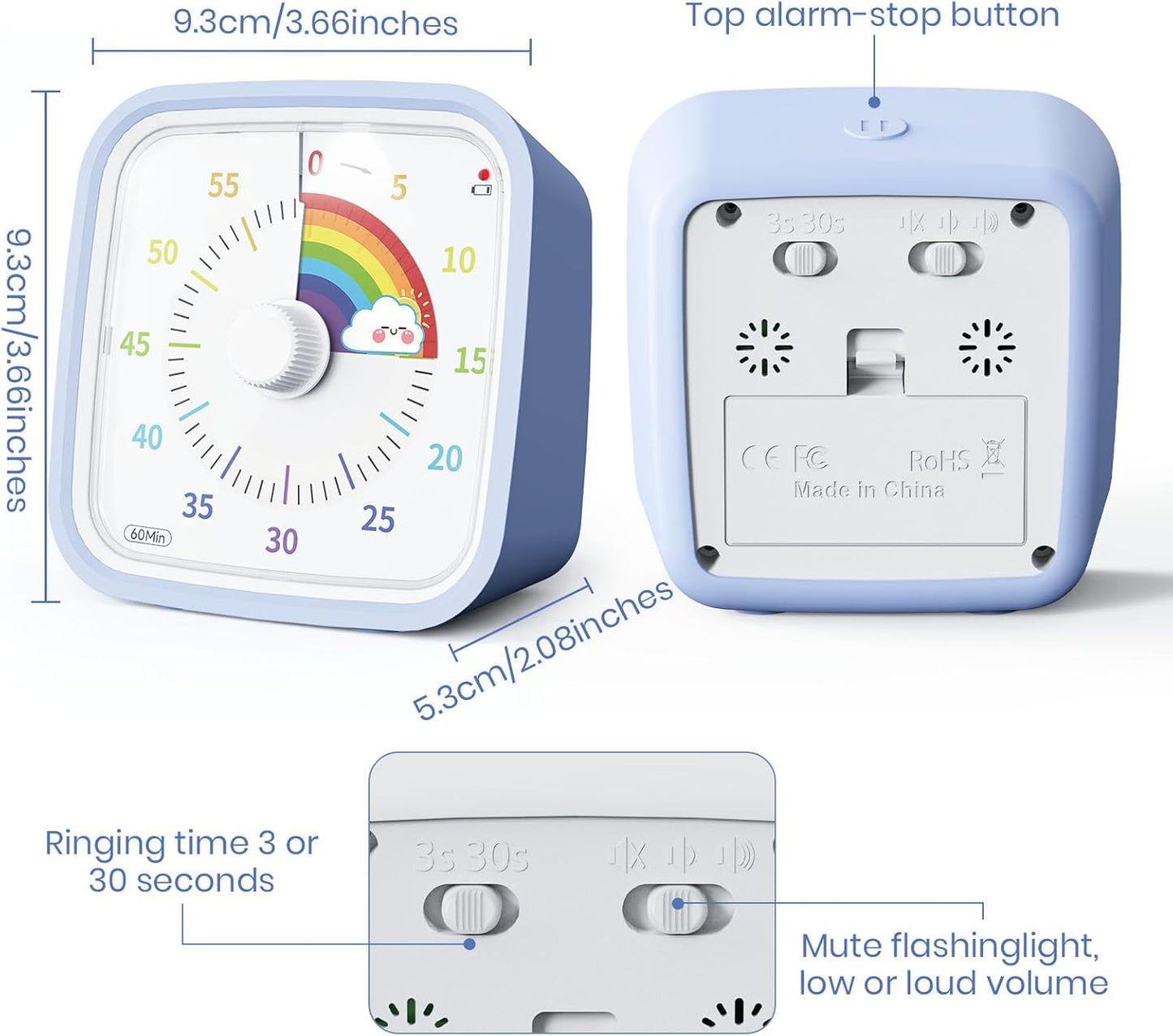 Yunbaoit Visual Timer with Protective Case, Rainbow Disk 60 Minute Countdown Timer for Kids and Adults, Silent Time Management Tool(Blue Rainbow)