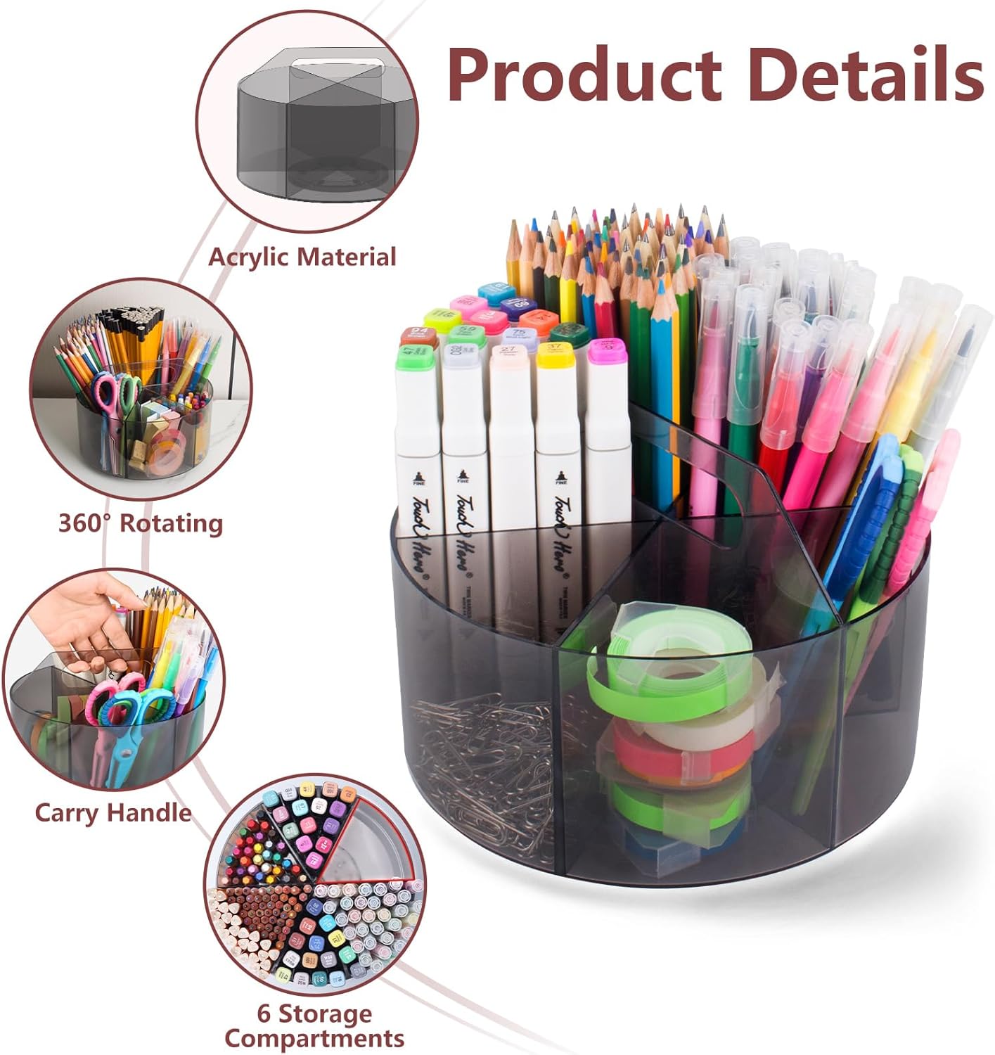 Absonic 250pcs Acrylic Pencil Holder Marker Organizer, 360-Degree Rotating Pen Holder, Crayon Organizers for Kids Pencil Organizer Caddy Art Supply Lazy Susan Organizer for Desk Home School Office