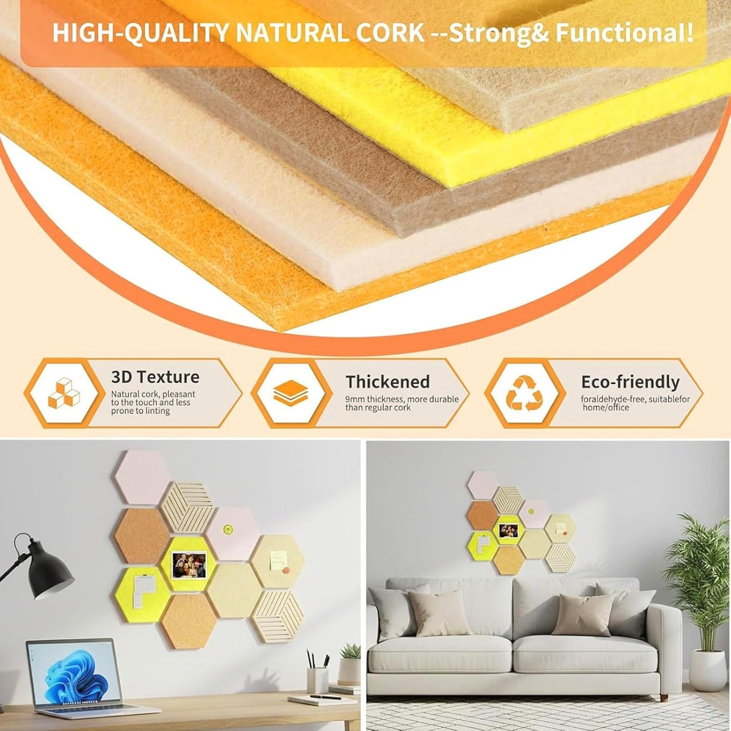 FOCHIER F 10PCS Hexagon Cork Boards for Walls Decor,12"*10.2" Felt Bulletin Board Tiles Sets for Home Office Class Kitchen with 50 Push Pins,Self Adhesive DIY Pin Board for Photos Memos