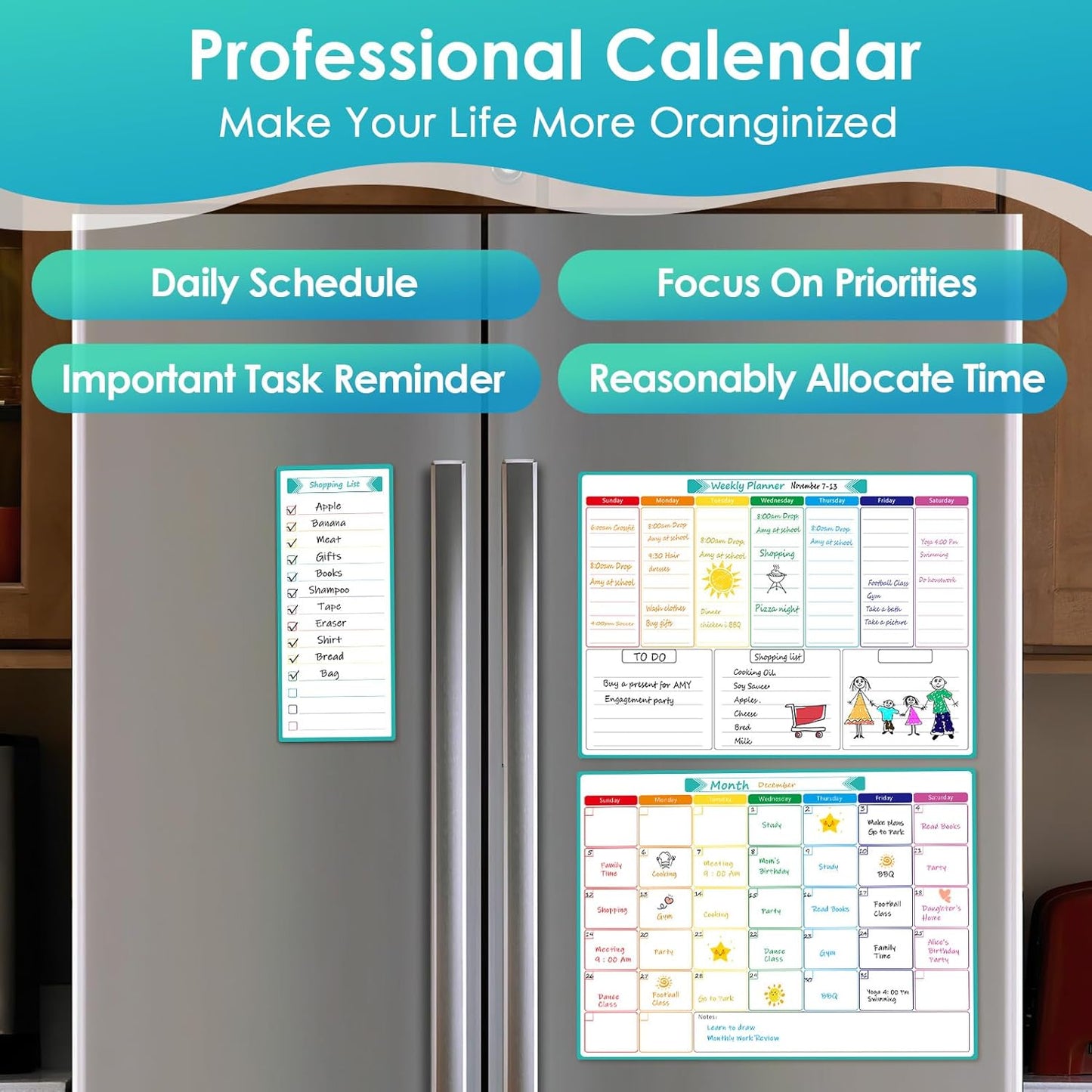 MaxGear Weekly Dry Erase Board for Fridge, 16"x12" Magnetic Calendar Whiteboard Planner for Refrigerator with Stain Resistant Technology, Include 7 Fine Point Markers and 1 Eraser