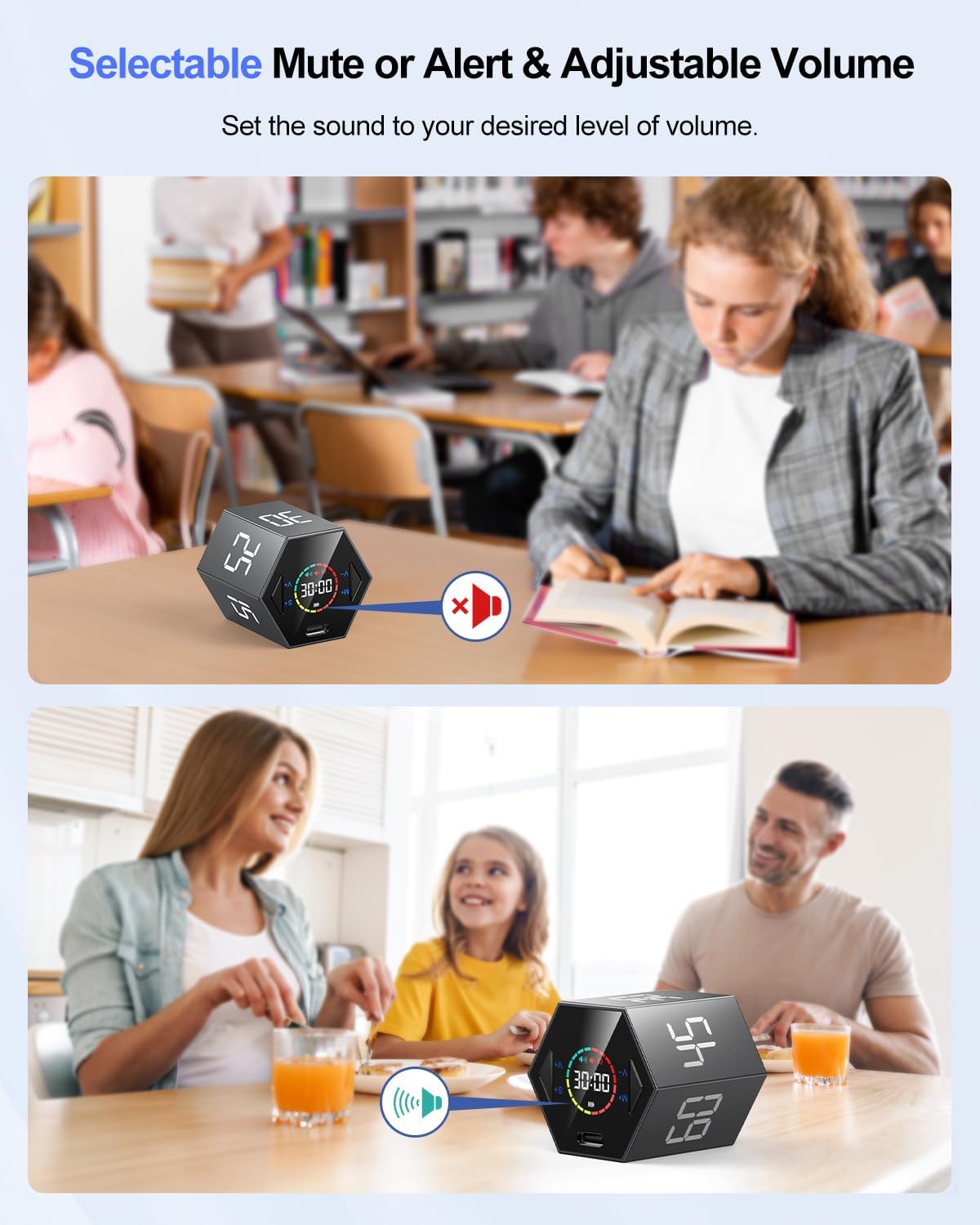 Ticktime Pomodoro Timer Cube, Hexagon Productivity Timer, Pause & Resume, Silent, Vibrate & Adjustable Sound Alert, for ADHD, Task, Work, Study, 5/15/25/30/45/60min & Custom Countdown,Gray