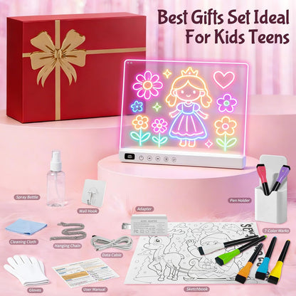 16" Rechargeable LED Drawing Board for Kids, Doodle LED Note Board with Colors, Neon Light Up Drawing Board with Markers&Tracing Paper, Creative Easter Birthday Christmas Gift Ideas