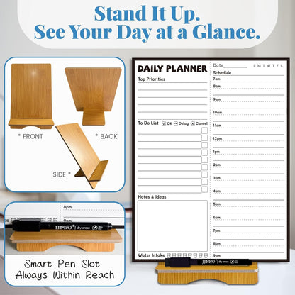JJPRO Reusable Desktop Daily Planner with Stand,Reusable Time Schedule Board,11"x8.5" Hourly Schedule Dry Erase Board with Time Slots,Desk Hourly Dry Erase Board w/Engineered Wood Stand-Sage Green