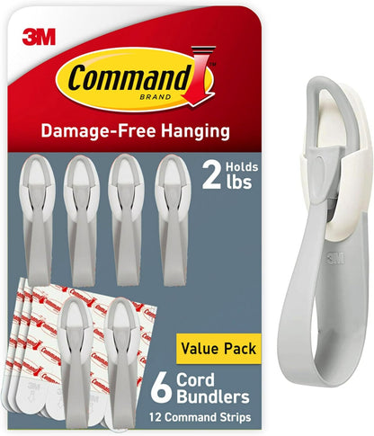 Command Cord Bundlers, Plastic, Damage-Free Organizer, No Tools for Electrical Cables, 6 Gray Bundlers and 12 Strips