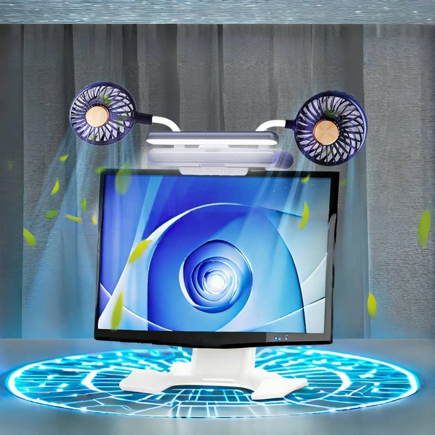 USB Monitor Clip on Fan via Flip-Open LED Light Bar, Two-Head Personal Cooling desktop Laptop Quiet USB Fan for Office, 3 Wind Speeds, for Flat, Curved Monitors (Deepsea Blue)