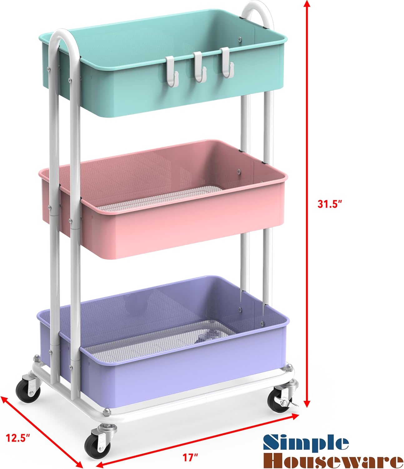 Simple Houseware 3-Tier Heavy Duty Metal Utility Rolling Cart, White