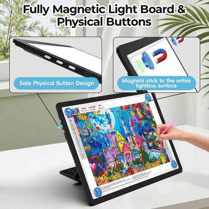 Heanolier Rechargeable A4 Light Board with Stand, 7100Lux Super Bright Magnetic Light Pad with Side Buttons, Wireless Light Box for Tracing, LED Light Table for Diamond Painting,Sketching,Drawing