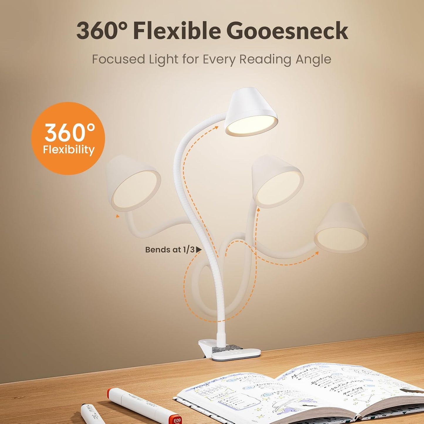 LEPOWER Clip on Light, 7W Reading Lights for Books in Bed with 5 Colors & Stepless Dimming, RG0 Eye-Care, Amber Glow Light & Auto Timer, Strong Clamp with Adapter for Headboard, Bedside, Desk, Black