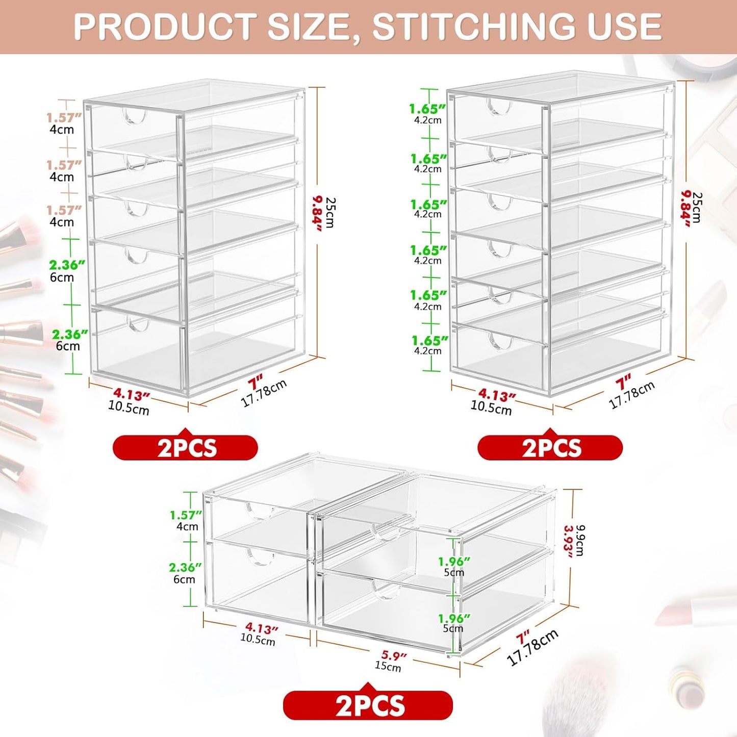 caktraie Makeup Organizer Storage With 16 Drawers, 4 Pcs Desktop Office Supplies, Desk Organizers, Clear Accessories, Dustproof Storage Drawer and for Make Up, Jewelry, Pen, Stationary