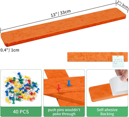 Cork Board for Walls - 8 Pack Felt Pin Board Bar Strips - Self-Adhesive Lightweight Bulletin Board - Cork Board for Office with 40 Push Pins No Damage for Wall