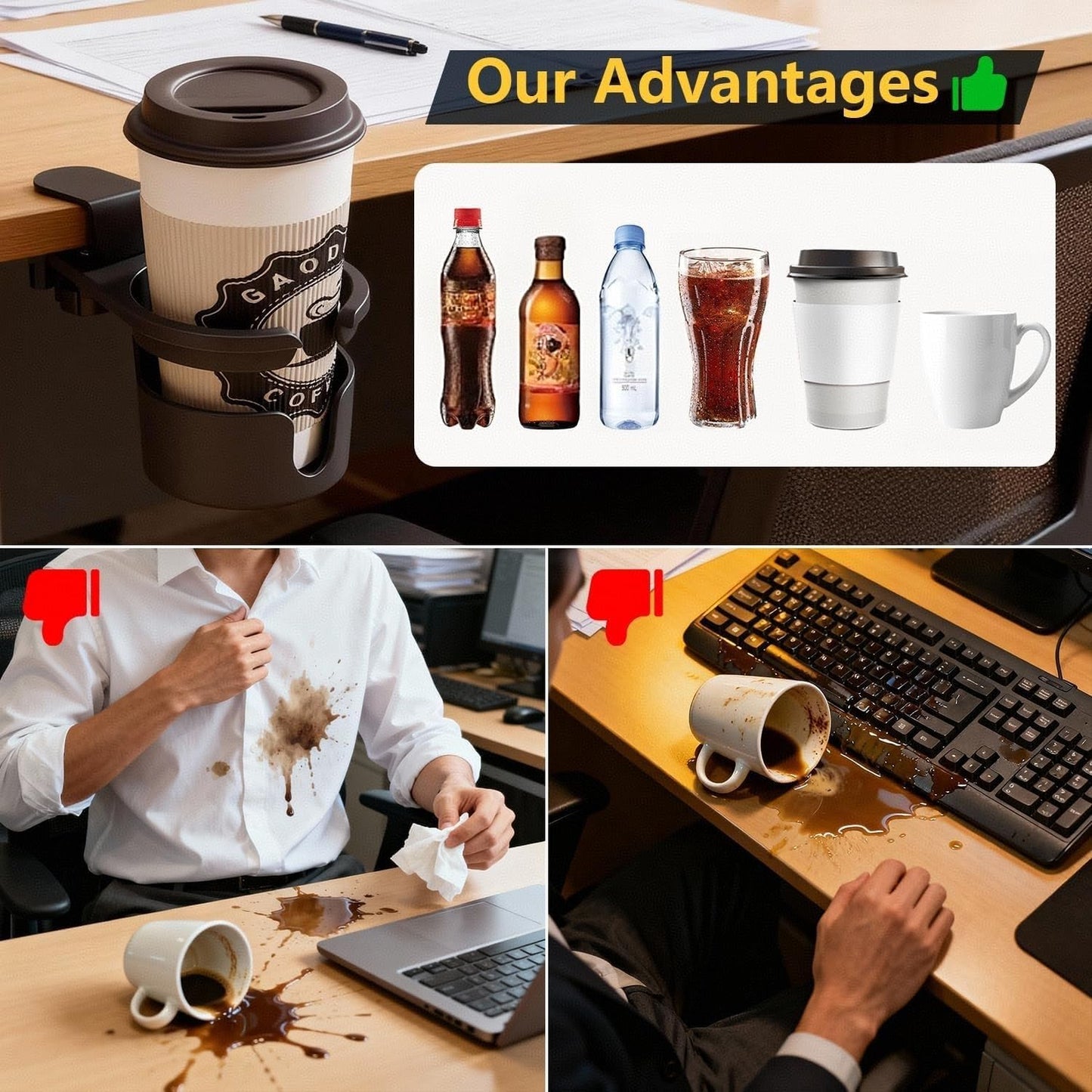 Desk Cup Holder Clip On 360° Rotating Clamp,Deeper Anti-Spill Drink Holders for Water Bottles & Coffee Mugs,Adjustable Clamp Fits Screw On Table for Drinks,Office,Gaming Desk,Home,Black