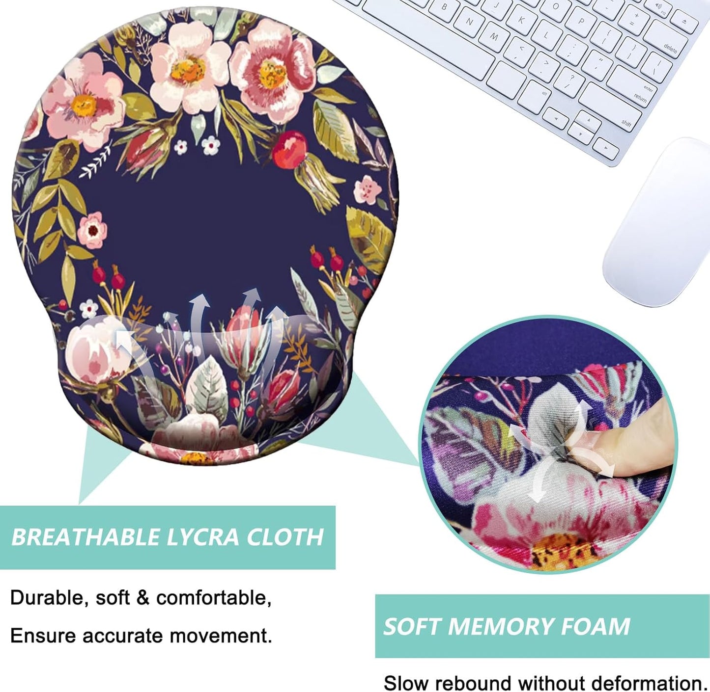 Mouse Pad with Wrist Support, Ergonomic Mouse Pad with Memory Foam Wrist Rest Cushion, Non-Slip Rubber Base Gaming Mice Pad for Home Office Computer Laptop, Flowers Grass