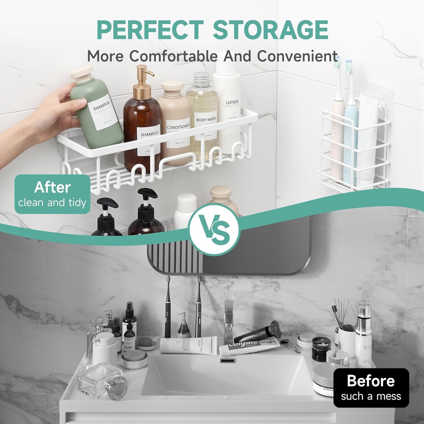 Veken Shower Caddy 6-Pack, Advanced Rustproof Design, No Drilling Adhesive Shelves, Rack with Soap Holder, Large Capacity Bathroom Organizers and Storage, Wall-Mounted Kitchen & Home Decor