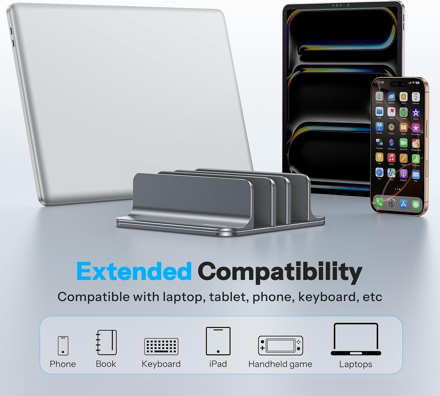 OMOTON Vertical Laptop Stand [Updated Double Version], Desktop Aluminum Mac Book Stand with Adjustable Dock Size, Fits All Mac Book, Surface, Chrome Book and Gaming Laptops (Up to 17.3 inch) (Black)