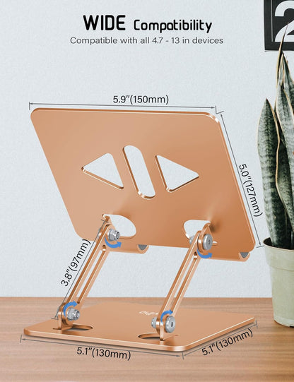 Aoviho Tablet Stand Holder for Desk, Adjustable Aluminum Desk Accessories, Stable Desktop Stand for Office Home,Compatible with iPad Pro Air Mini, Samsung Tablets, Rose Gold