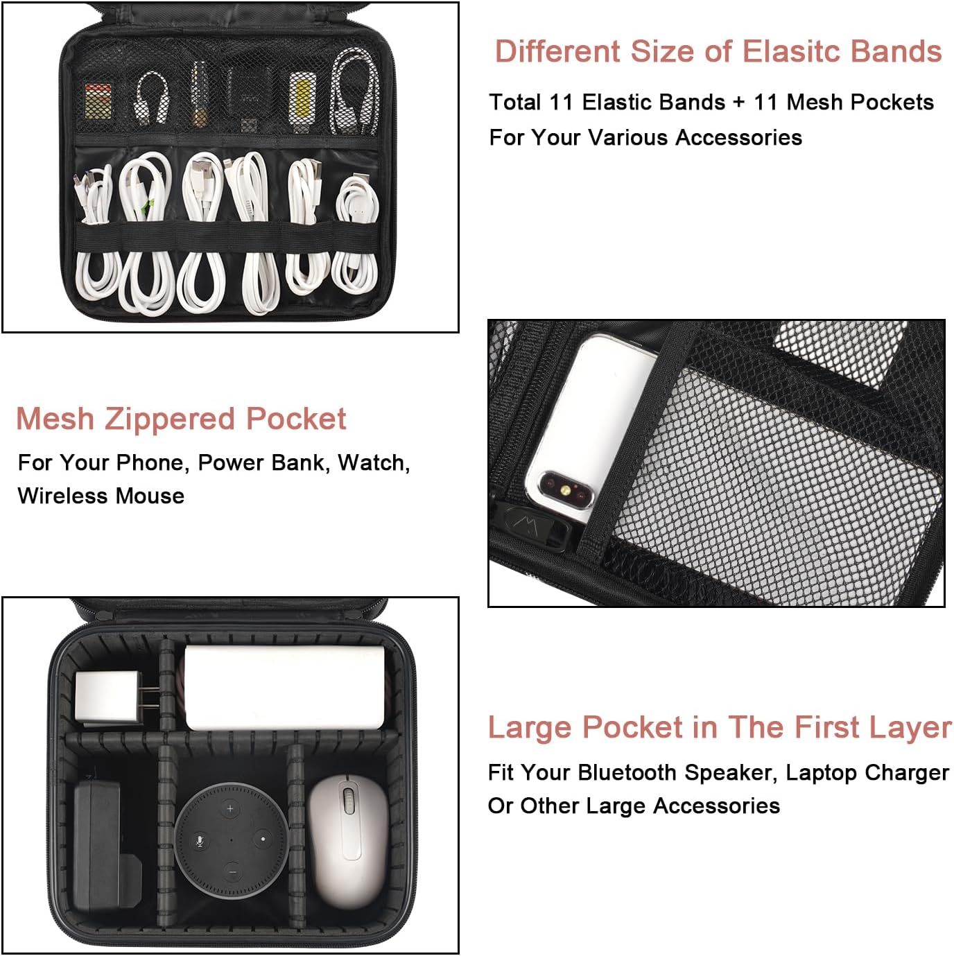 MATEIN Cable Organizer Bag, Waterproof Travel Electronic Storage, Shockproof Portable Double Layer Tech Bags Carrying Case for Cord, Earbuds, Charger, SD Card, DJ Gifts, Black