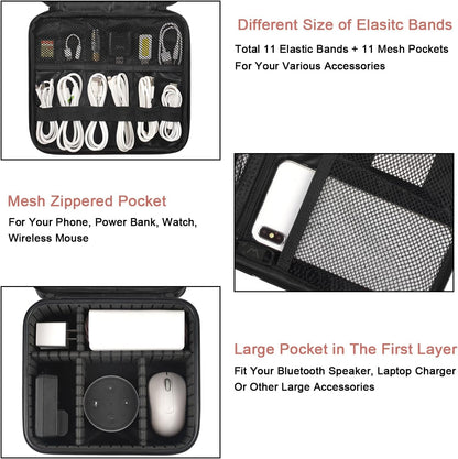 MATEIN Cable Organizer Bag, Waterproof Travel Electronic Storage, Shockproof Portable Double Layer Tech Bags Carrying Case for Cord, Earbuds, Charger, SD Card, DJ Gifts, Black