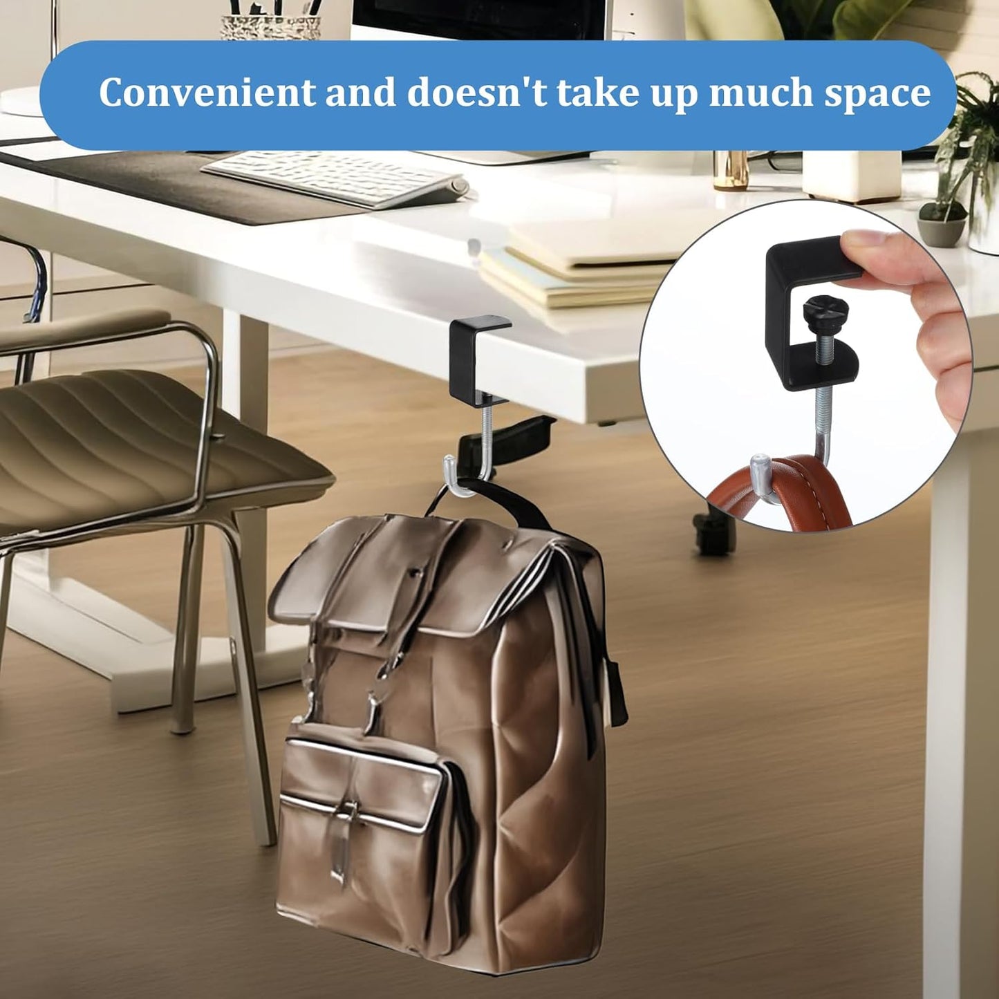cobee Clamp-On Under Desk Hooks, Desk Mount Hanging Bag Holder Metal Hook Adjustable Headphones Clamp Organizer Portable Purse Hanger Clip Reduce Desk Clutter Table Desk Under Counter (4 Pcs, Black)