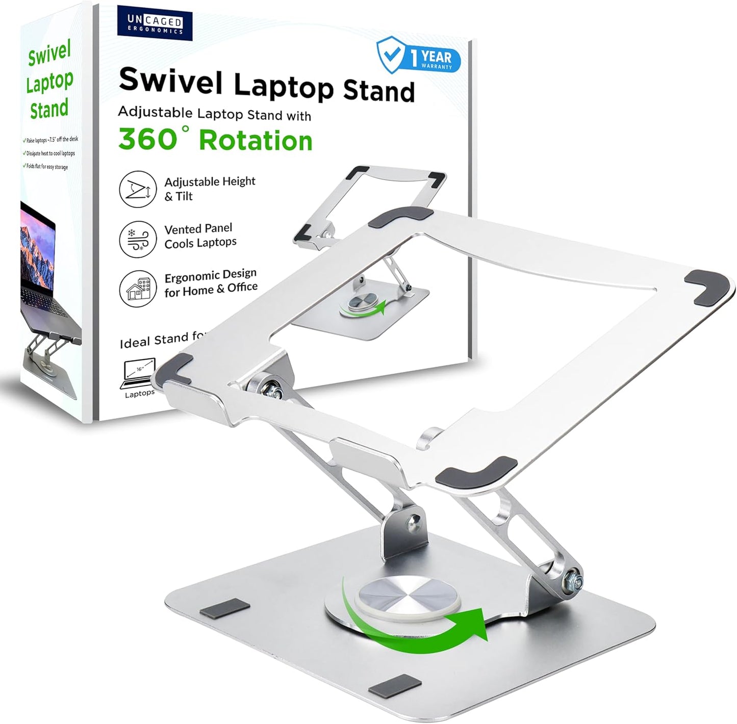 Uncaged Ergonomics Swivel Laptop Stand for Desk, Adjustable Computer iPad Stand for Desk w/ 360 Rotation, Portable Laptop Holder for Home Office Ergonomic Supplies