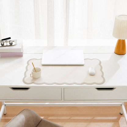 Scalloped Desk Mat, 31.5" x 15.7" Large Cute Aesthetic Desk Accessories, PU Leather Computer Laptop Desk Mouse Keyboard Pad, Desk Writing Mat for Vanity/Work/Home Decor (Beige, 31.5" x 15.7")