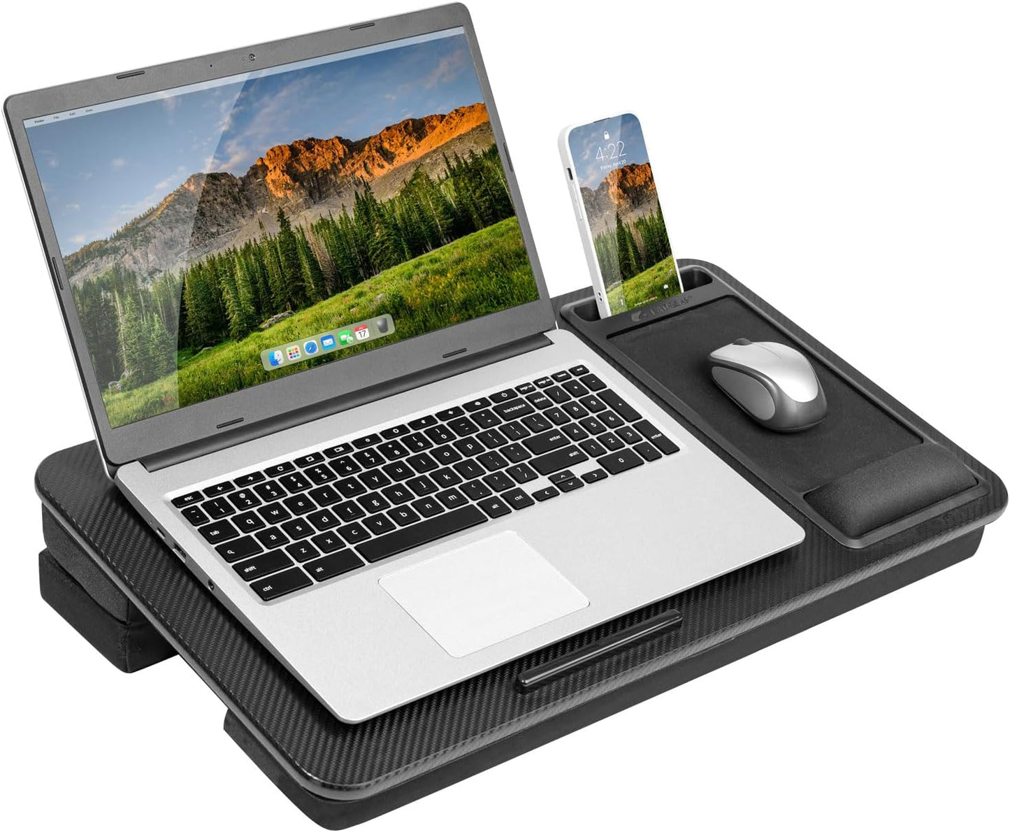 LAPGEAR Extra Large Adjustable Lap Desk – Fits Laptops up to 17.3”, Adjustable Cushion, Memory Foam Wrist Rest, Mouse Pad, Device Ledge, & Phone Slot – Black Carbon - Style No. 88108