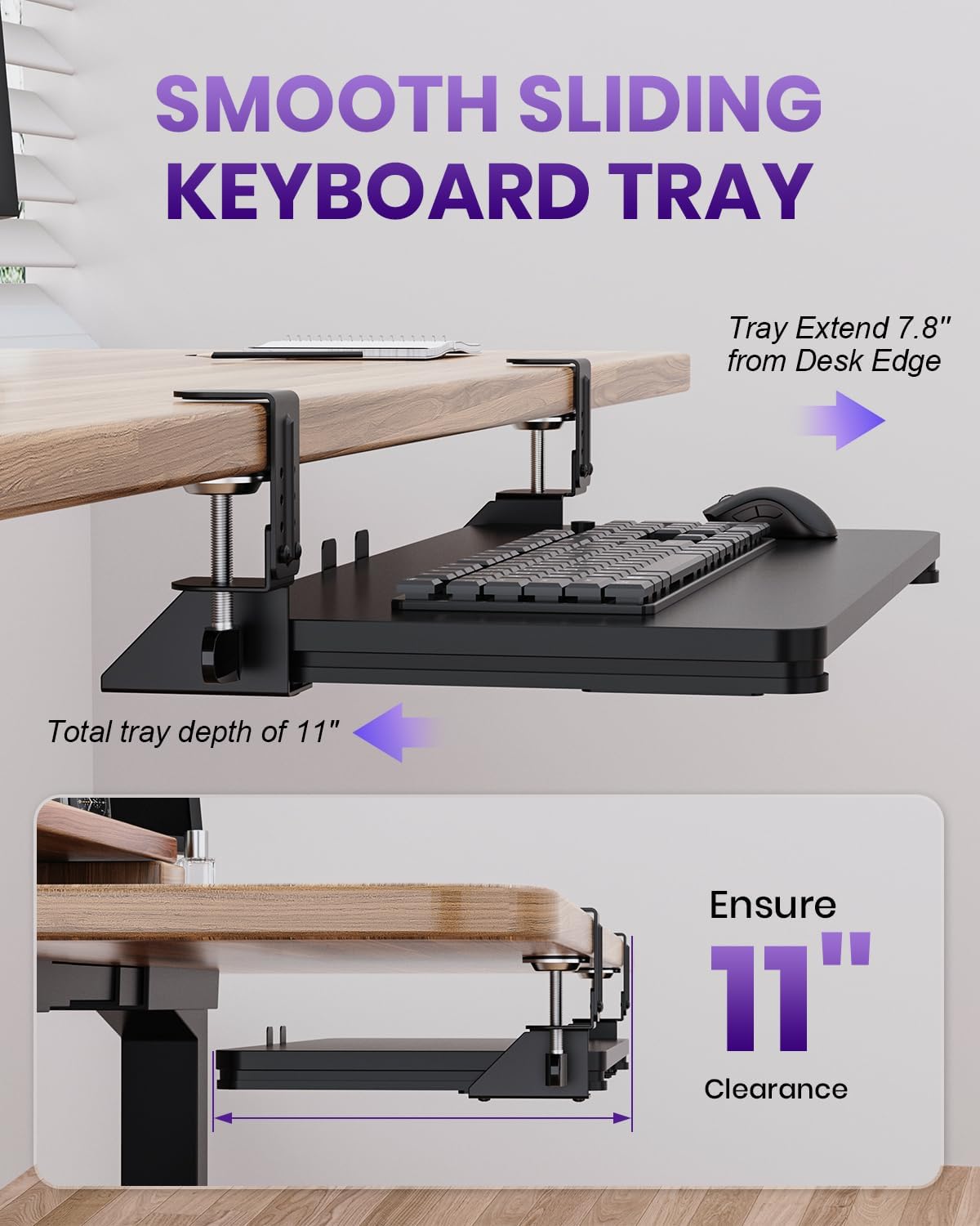 Ergonomic Mouse & Keyboard Tray Under Desk, Pull Out with Adjustable C-clamp, 20 (25.9 Including Clamps) x 11.8 Inch Slide Out Computer Keyboard Drawer Mouse Tray for Typing, Rustic Brown