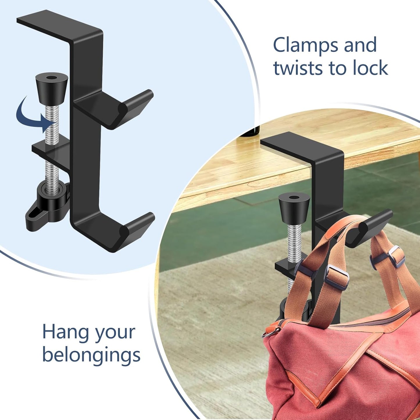 Desktop Hook Under-Table Handbag Hanger Wallet Hook Simple for Holiday Decoration Desktop Backpack Rack Headphone Hanger 2-Piece Pack Double Hook (Black)