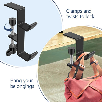 Desktop Hook Under-Table Handbag Hanger Wallet Hook Simple for Holiday Decoration Desktop Backpack Rack Headphone Hanger 2-Piece Pack Double Hook (Black)