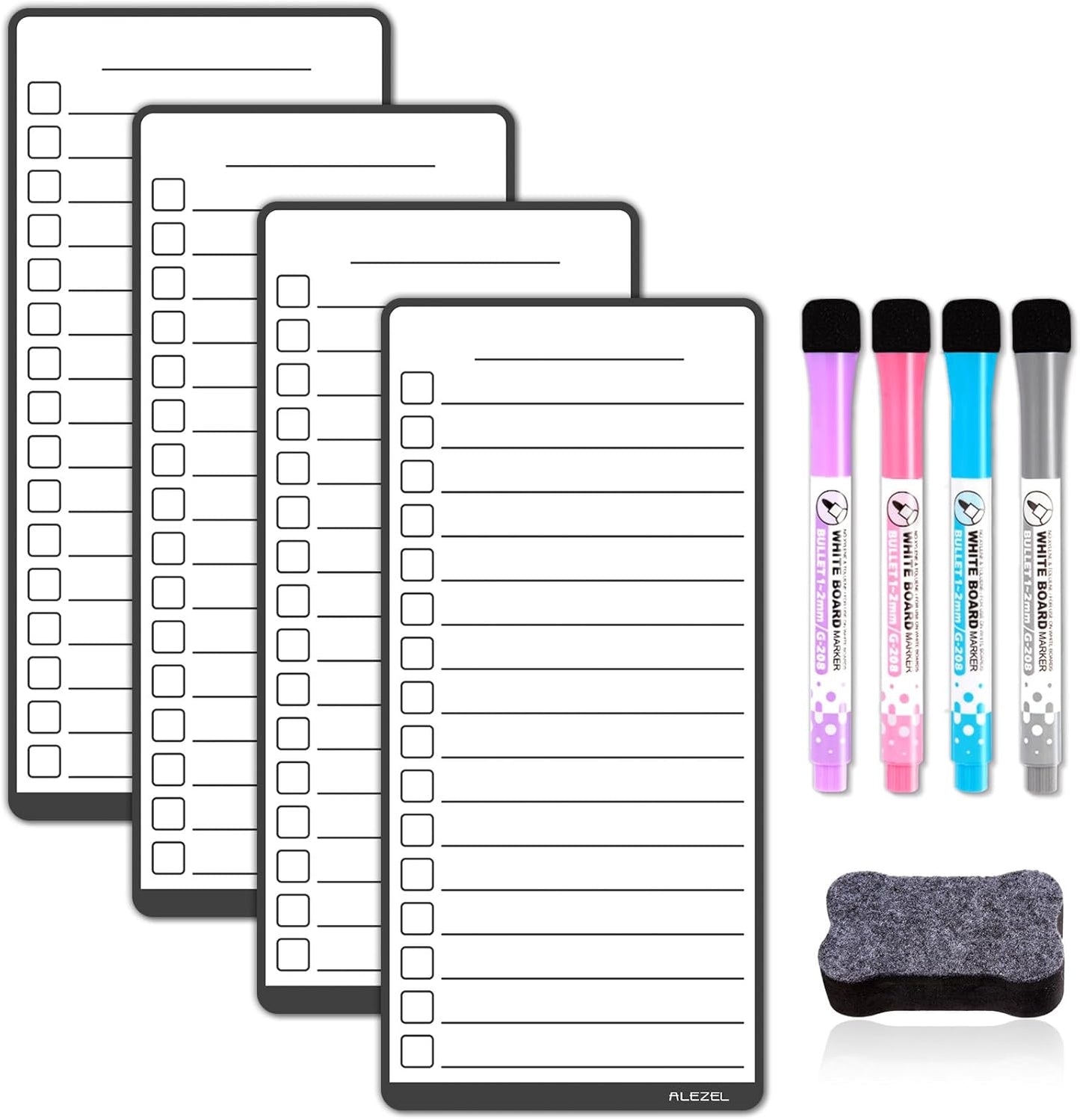 ALEZEL Magnetic to Do List White Board for Fridge, Multifunctional Dry Erase List Board for Refrigerator - Set of 4 Magnetic Grocery List Whiteboards, 4 Markers + Eraser