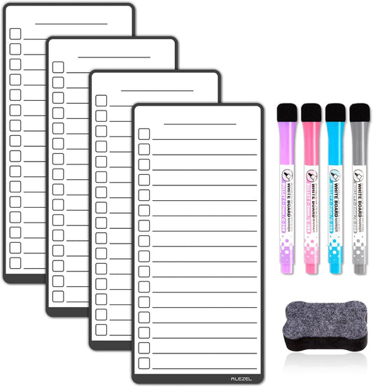 ALEZEL Magnetic to Do List White Board for Fridge, Multifunctional Dry Erase List Board for Refrigerator - Set of 4 Magnetic Grocery List Whiteboards, 4 Markers + Eraser