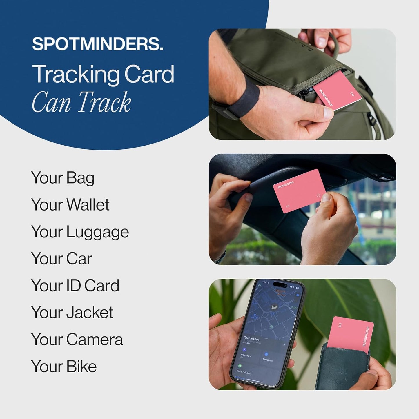 SPOTMINDERS Apple MFi Certified Wallet Tracker PRO for Travel Credit Card Design Works with Apple Find My IP68 Waterproof Rechargeable Tracking Card for Wallet Luggage Passport 0.07in Slim Item Finder
