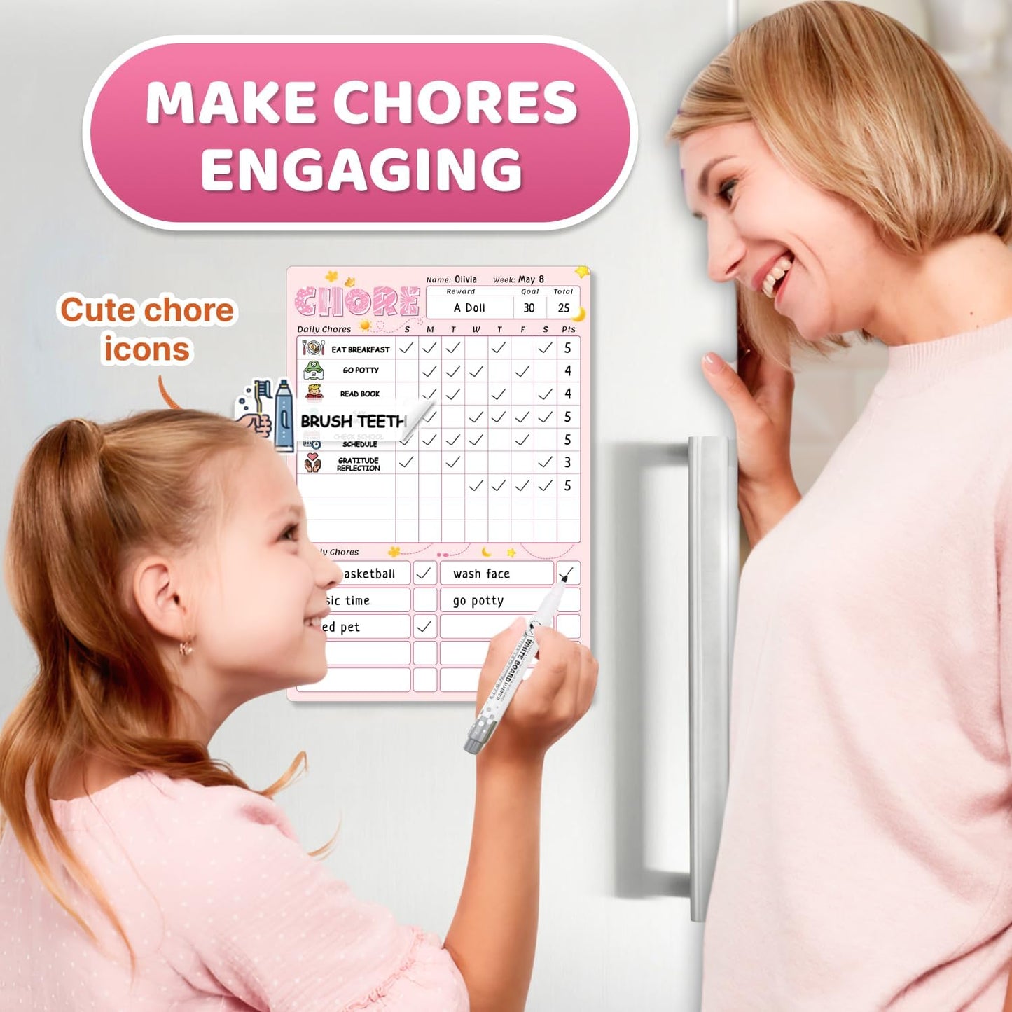 Upgraded Slider Dry Erase Chore Chart for Kids, Whiteboard Magnetic Chore Chart for 2 Kids, Reusable Morning/Bedtime Routine Chart for Kid Toddlers Teens Adult, Visual Schedule for Kid with Autism