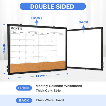 Weekly Dry Erase Calendar Whiteboard for Wall, 24" x 18" Double-Sided Weekly Planner White Board Cork Combo, Hanging & Wall Mount Week Bulletin Board with Notes for Home, Office, School, Kitchen
