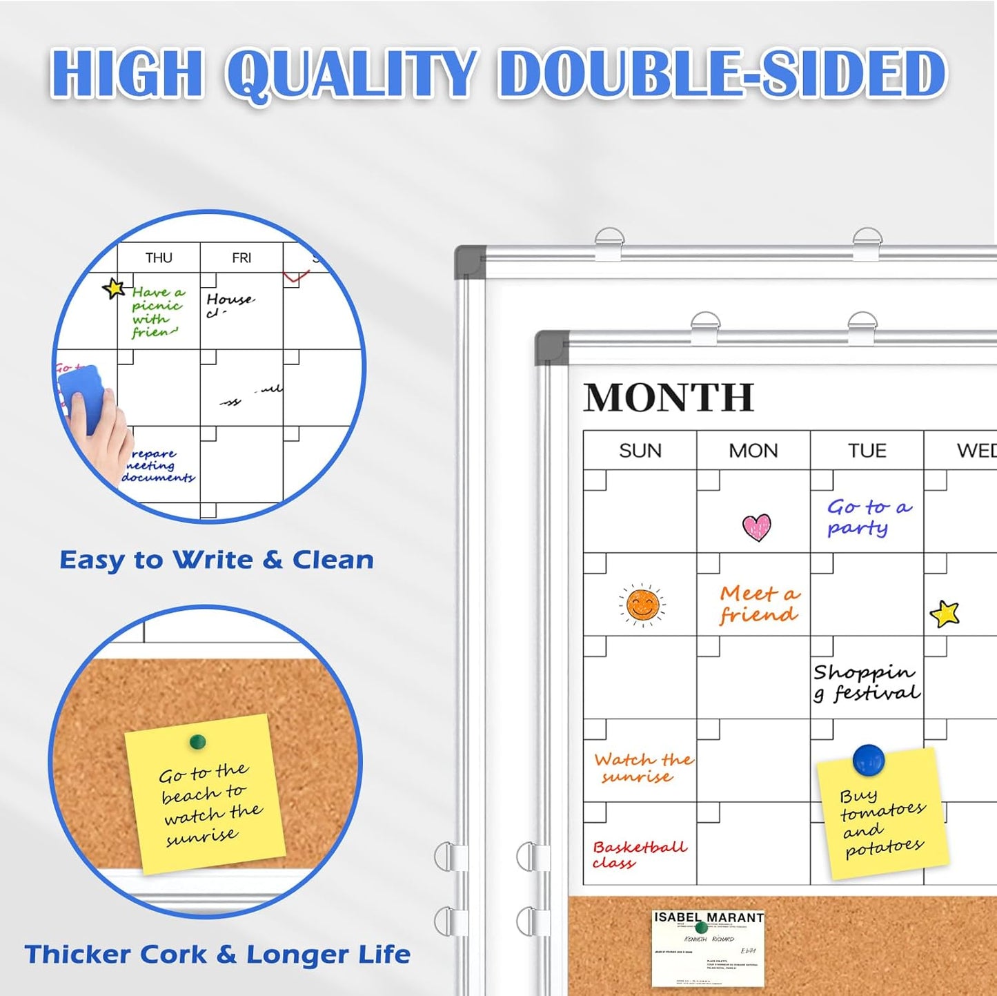 Weekly Dry Erase Calendar Whiteboard for Wall, 24" x 18" Double-Sided Weekly Planner White Board Cork Combo, Hanging & Wall Mount Week Bulletin Board with Notes for Home, Office, School, Kitchen