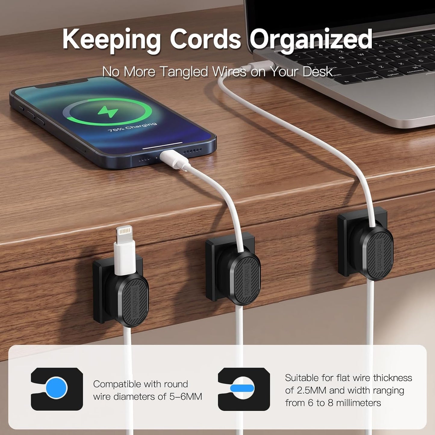 3-Pack Magnetic Cable Clips, Detachable Cable Organizer with Auto Snap-and-Go Design, Universal Wire Management for Round & Flat Cables, Self-Adhesive Cord Holder for Desk, Nightstand, Office & Car