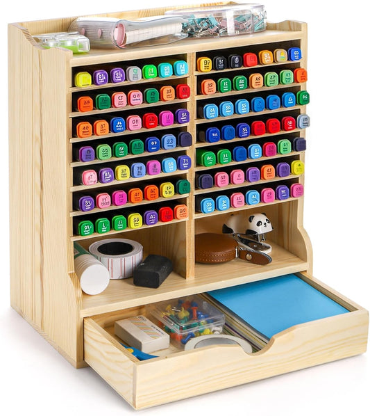 Dicunoy Wooden Marker Organizer Rack, Mark Storage Holder with Drawer for 98 Markers, Desktop Art Supply Rack Stationary Caddy with 17 Slots for Colored Pencils Art Brushes Home Classroom