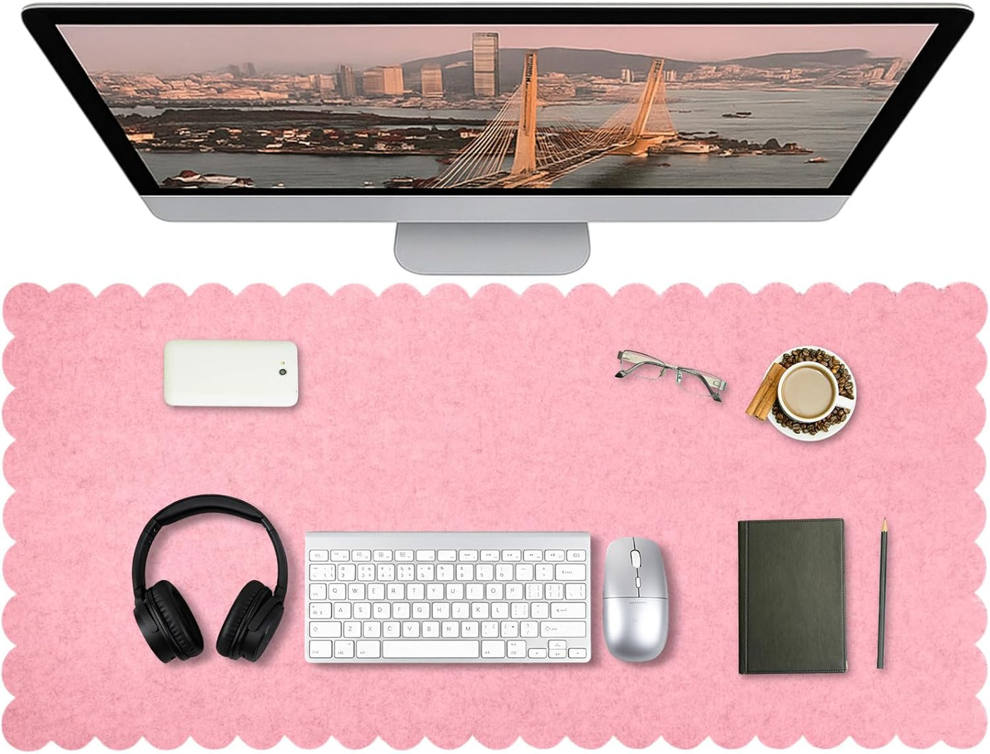 Copkim 35 x 16.5 Inch Felt Desk Mat with Scalloped Edges, Large Felt Mouse Pad Non Slip Scalloped Computer Laptop Desktop Pad for Keyboard and Mouse Home Office(Gray)