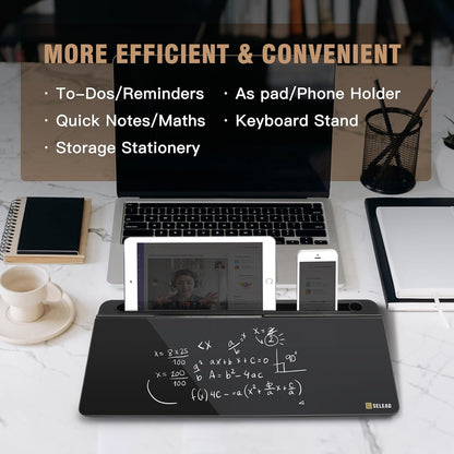 SELEAD Desktop Glass Whiteboard with Wireless Charger Station, Dry Erase Board Computer Pad Keyboard Stand with Organizer for Home, School, Office Desk Accessories, Black