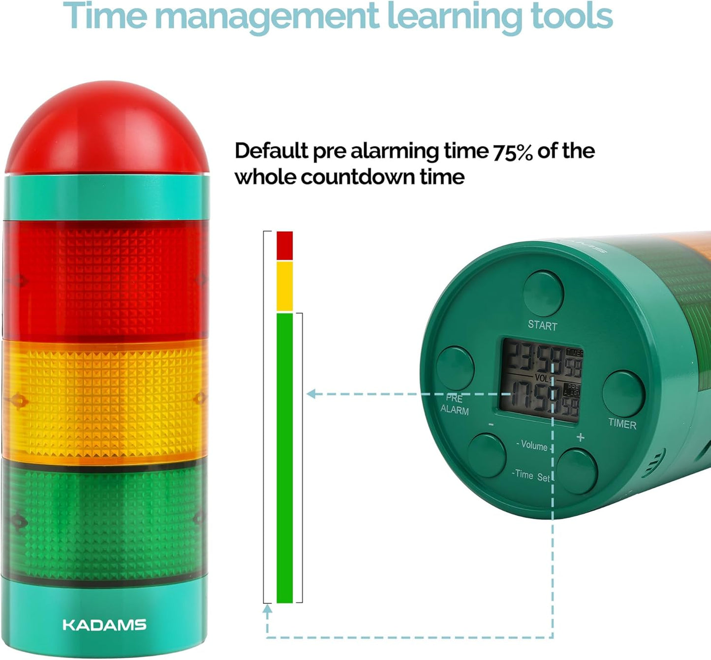 KADAMS Visual Timer for Kids with Audio Pre-Alarm - Traffic Light Alarm for Kids Toddler Teachers Classroom Home Time Management Tool 24hr Countdown Pause Memory Function