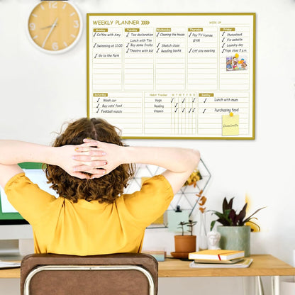 Gold Weekly Dry Erase Board for Wall,12"x16",Small Magnetic Dry Erase Weekly Calendar Board,Gold Metal Frame Weekly Planner Whiteboard for to Do List, Memo, School, Home, Office, Kitchen-GZ