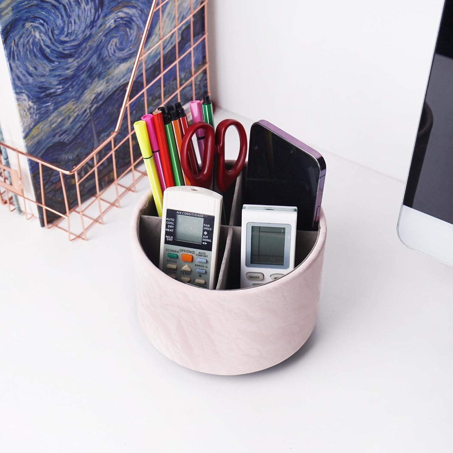 Round Leather Art Supply Organizer,Remote Control Holder,360 Degree Rotating,Multi-Functional Pencil Holder,4 Compartments Desktop Stationary Organizer(1-Fractal Flower) | Round - Colors B