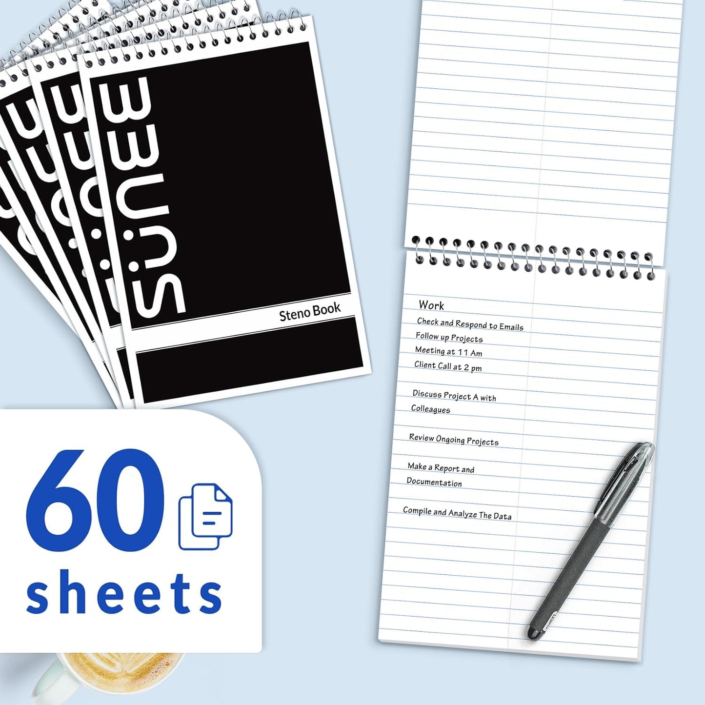 SUNEE 2 Pack Steno Pads 6x9, Gregg Rule, 60 Sheets, Spiral Notebook 6x9, White Paper, Take Notes with Top Spiral Notebook, for School, University, College, Work, Office, Yellow