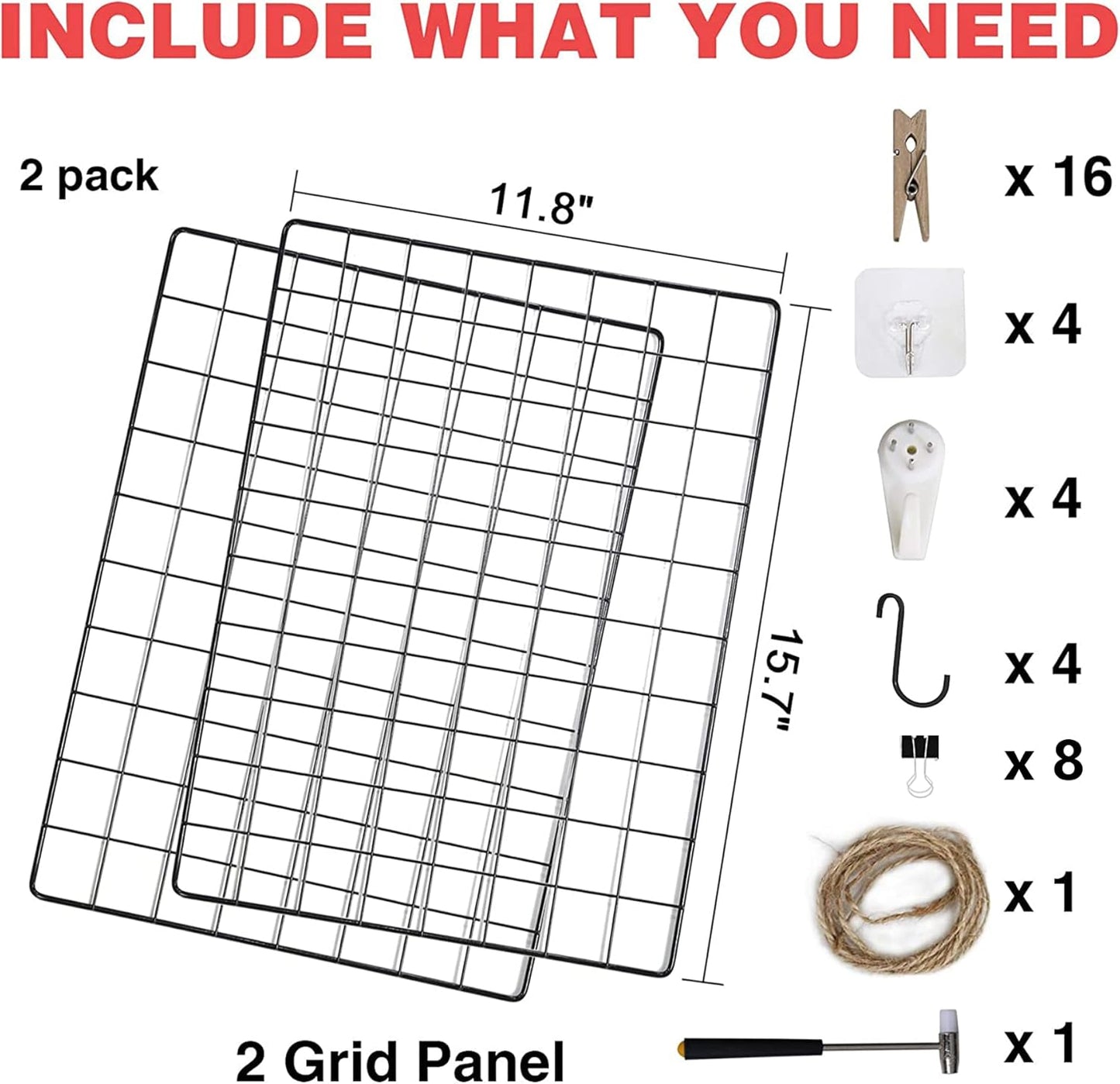 C&AHOME Photo Wall Display Set of 2, Grid Panel with Hooks, Clips, Hemp Cord, Hammer - 15.7" x 11.8", White UWWGM3402W