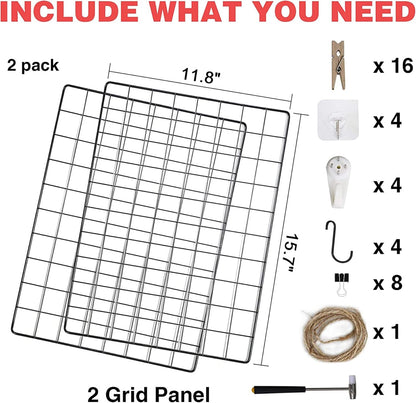 C&AHOME Photo Wall Display Set of 2, Grid Panel with Hooks, Clips, Hemp Cord, Hammer - 15.7" x 11.8", White UWWGM3402W
